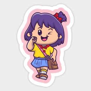 Cute Girl Going To School Cartoon Sticker